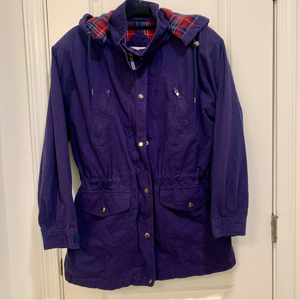 Vintage Cabin Creek Navy Hooded Coat Jacket with Red Plaid Lining Size Medium